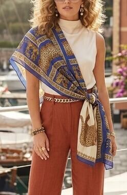 Vintage Sheer Silk Chiffon Scarf Oblong Leopard Cheetah Royal Blue Gold Baroque